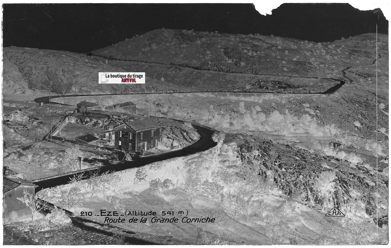 Plaque verre photo ancienne négatif noir & blanc 9x14 cm, Èze, route, paysage