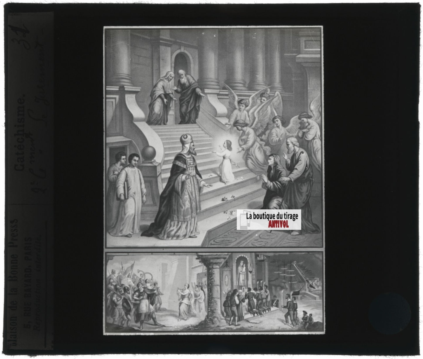 Scène religieuse, catéchisme, dessin peinture, plaque verre, positif 8,5x10 cm