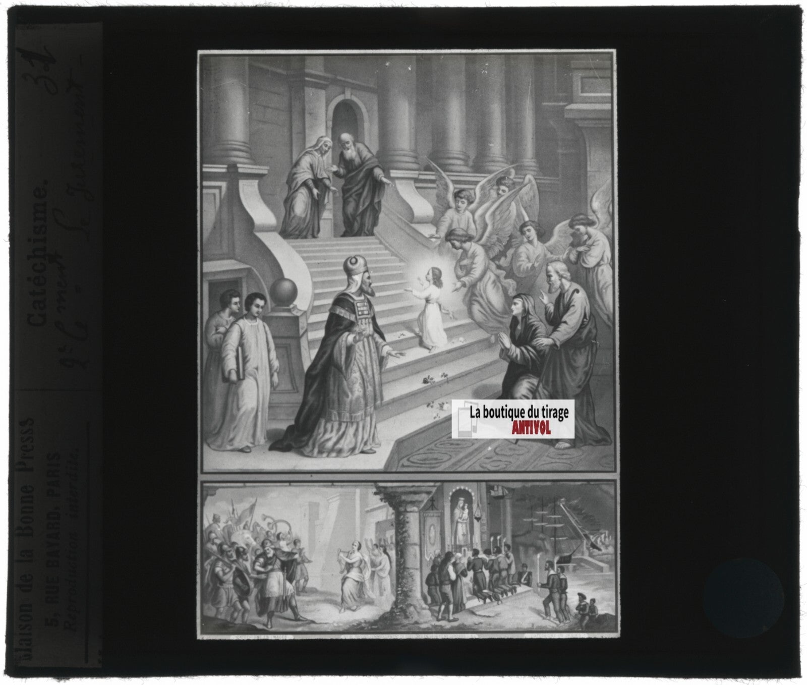 Scène religieuse, catéchisme, dessin peinture, plaque verre, positif 8,5x10 cm