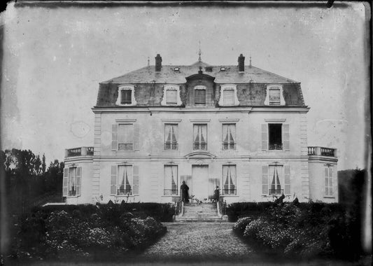 Plaque verre photo négatif 13x18 cm, noir et blanc vintage, château personnage 