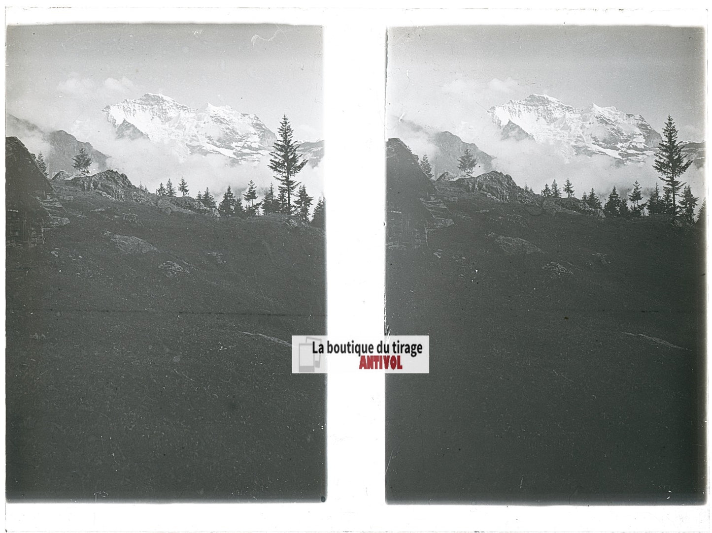 Paysage, Alpes Suisse, stéréo photo plaque verre, noir & blanc, 9x12 cm