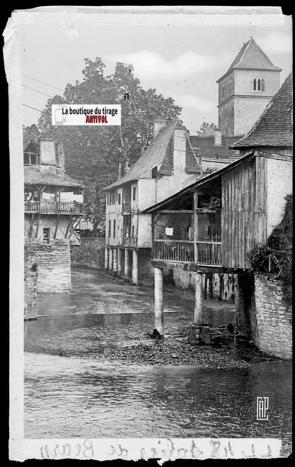 Plaque verre photo négatif noir & blanc 9x14 cm Salies-de-Béarn, maisons