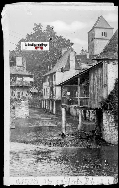 Plaque verre photo négatif noir & blanc 9x14 cm Salies-de-Béarn, maisons