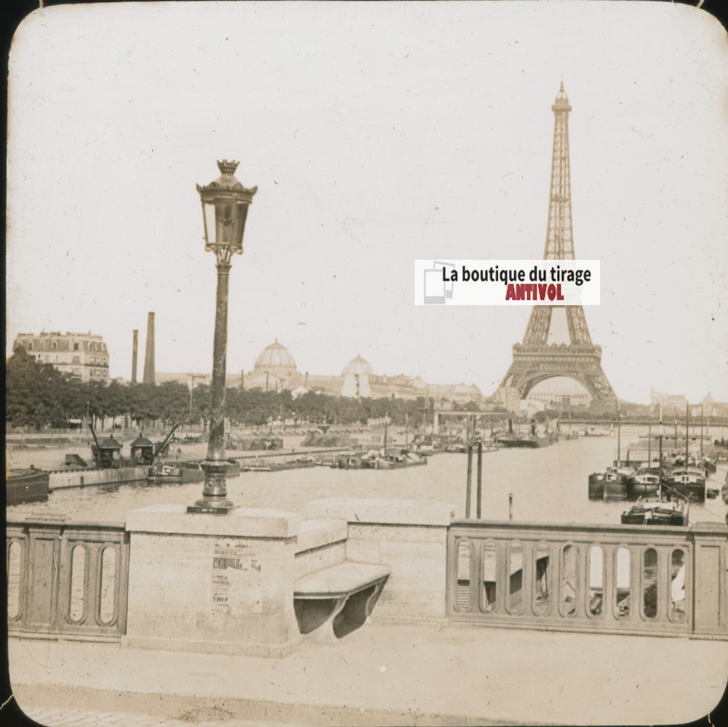 Tour Eiffel, la Seine, Paris, photo plaque verre, sépia, positif 8,5x10 cm
