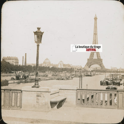 Tour Eiffel, la Seine, Paris, photo plaque verre, sépia, positif 8,5x10 cm