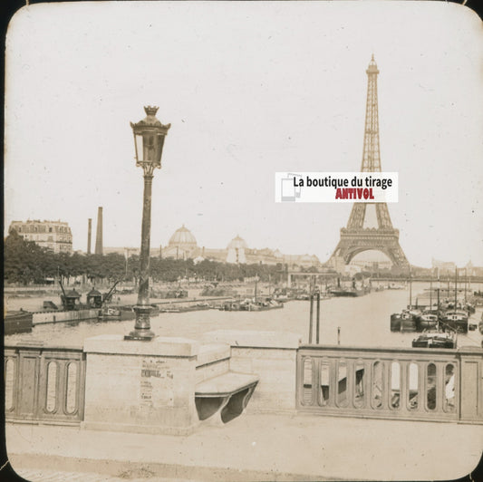 Tour Eiffel, la Seine, Paris, photo plaque verre, sépia, positif 8,5x10 cm