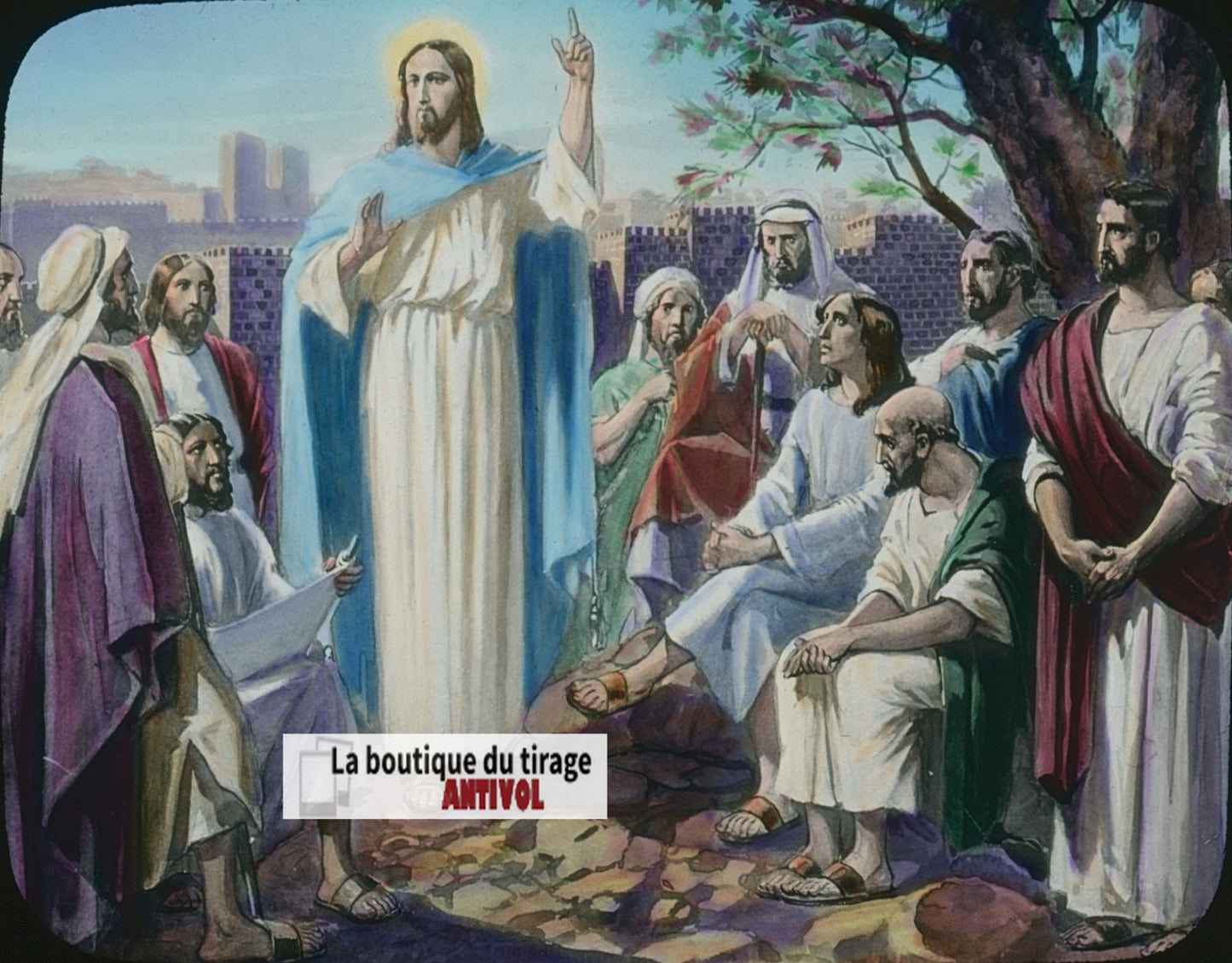 Mission des Douze, dessin, plaque verre ancienne, couleur 8,5x10 cm