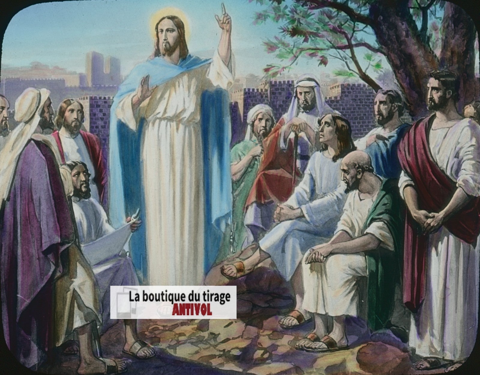 Mission des Douze, dessin, plaque verre ancienne, couleur 8,5x10 cm