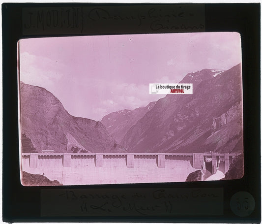 Barrage du Chambon, photo J. Moulin, plaque verre, couleur, positif 8,5x10 cm
