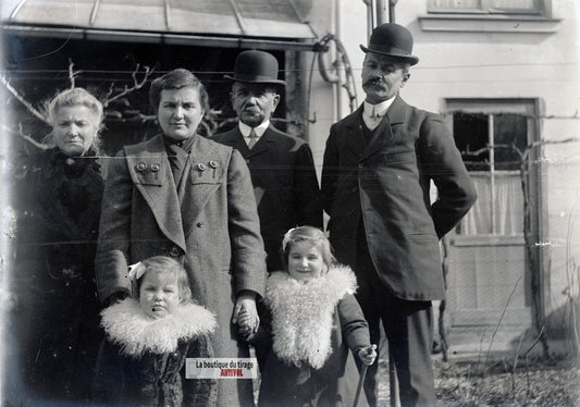 Famille, personnages, France, plaque verre photo ancienne, négatif 9x12 cm