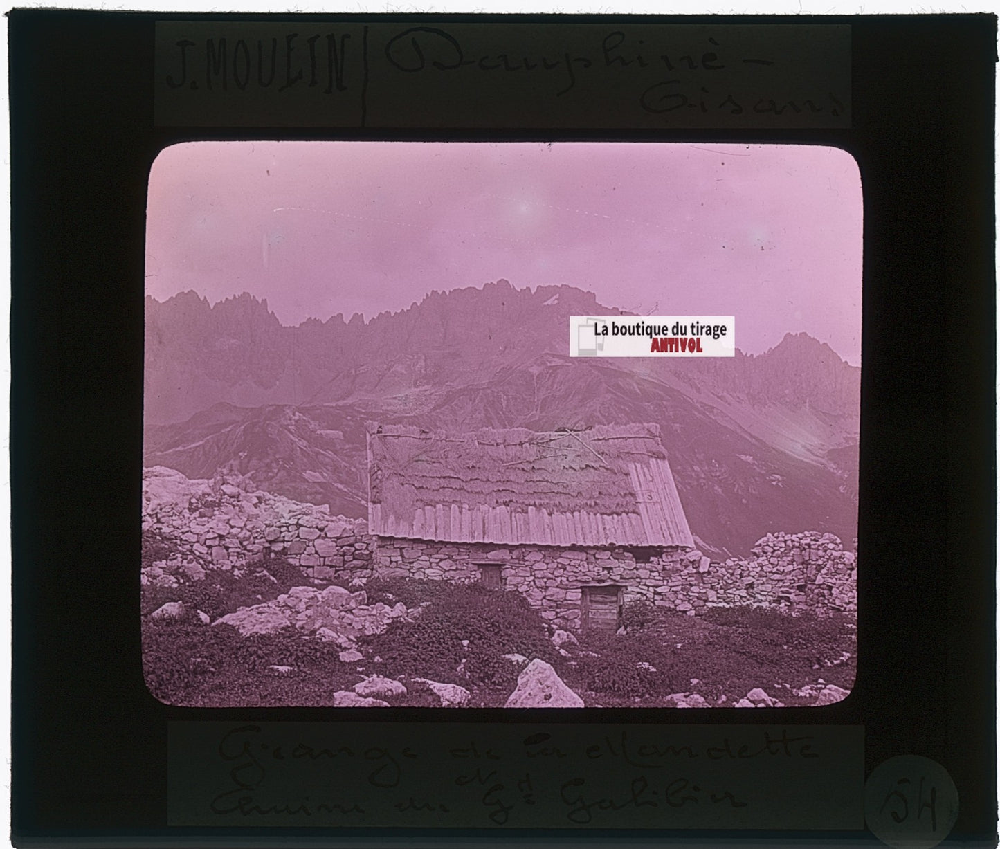 Grange de la Mandette, photo J. Moulin, plaque verre, couleur, 8,5x10 cm