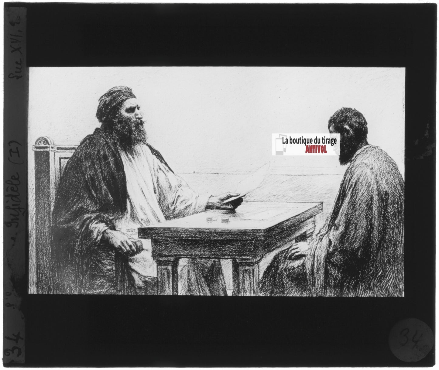 Luc, scène religieuse, dessin peinture plaque de verre, positif 8,5x10 cm