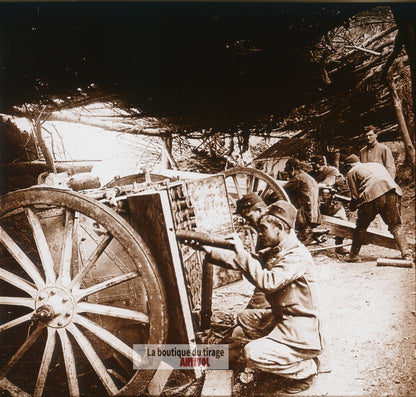 Marne, canon de 75 mm, guerre WW1, plaque verre photo ancienne stéréo 6x13 cm