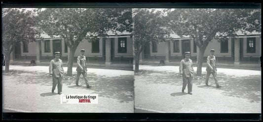 Algérie, Officiers militaires, plaque verre, photo stéréo, négatif N&B 6x13 cm