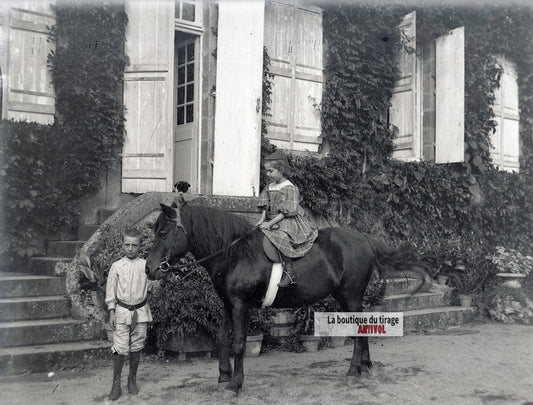 Enfants, poney, équitation, plaque verre photo ancienne, négatif 9x12 cm