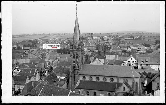 Plaque verre photo ancienne, négatif noir & blanc 9x14 cm, Pfaffenhoffen, église