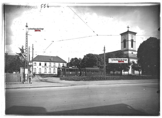 Plaque verre photo ancienne positif noir et blanc 13x18 cm Saint-Louis tramway