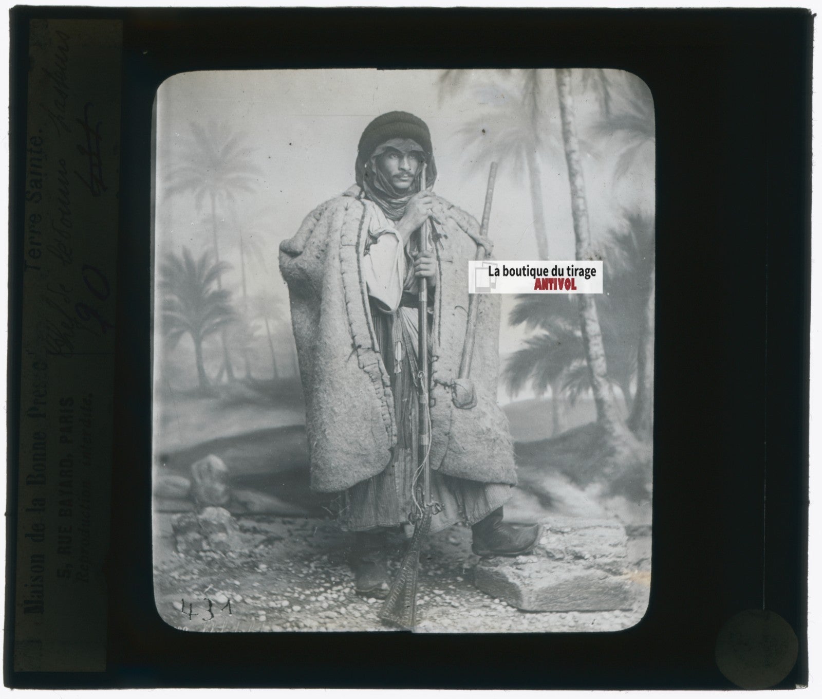 Chef de Bédouins, photo ancienne plaque verre, noir & blanc, positif 8,5x10 cm