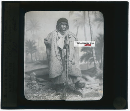 Chef de Bédouins, photo ancienne plaque verre, noir & blanc, positif 8,5x10 cm