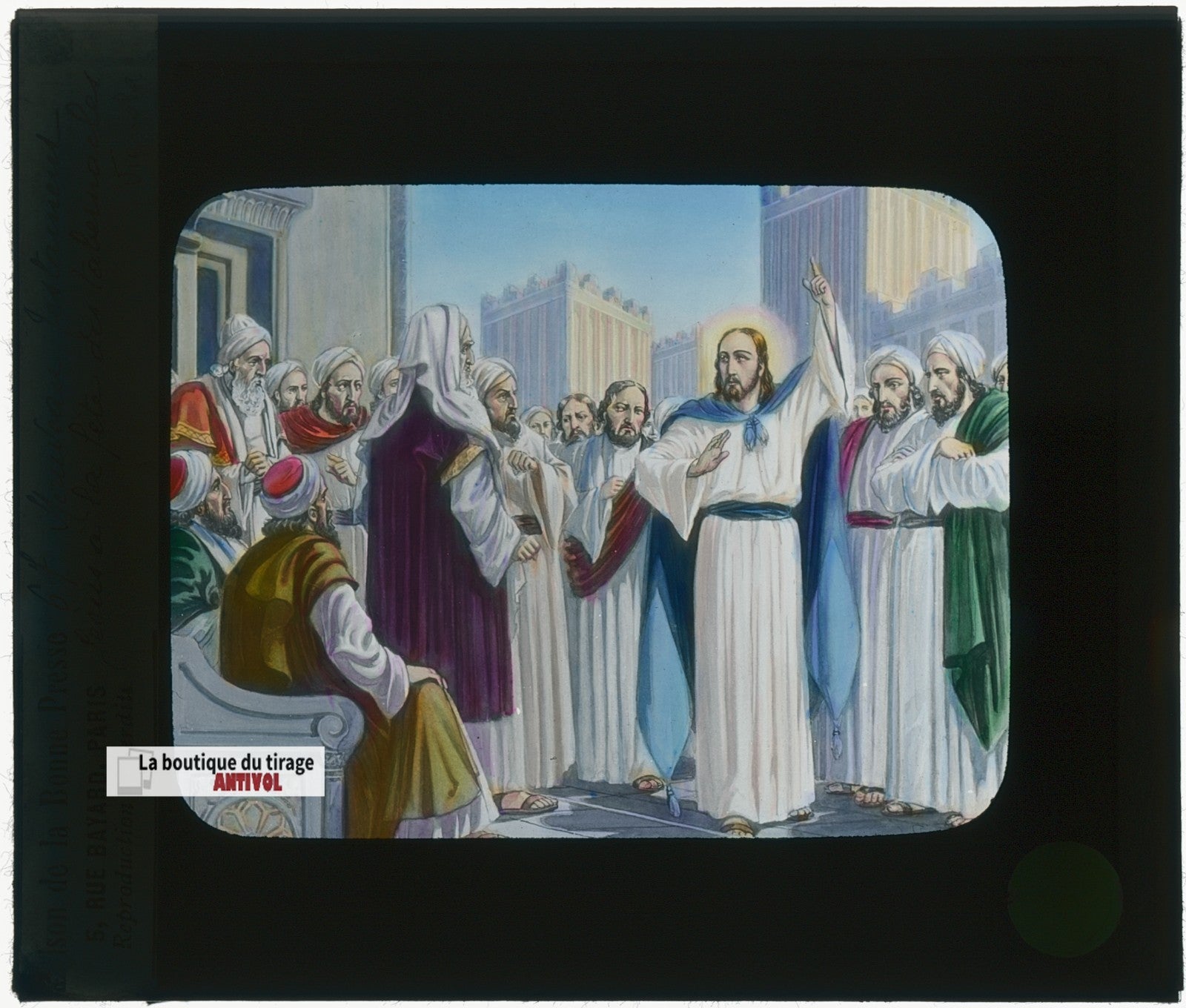 Fête des Tabernacles, Jésus, dessin, plaque verre ancienne, couleur 8,5x10 cm