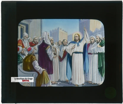 Fête des Tabernacles, Jésus, dessin, plaque verre ancienne, couleur 8,5x10 cm