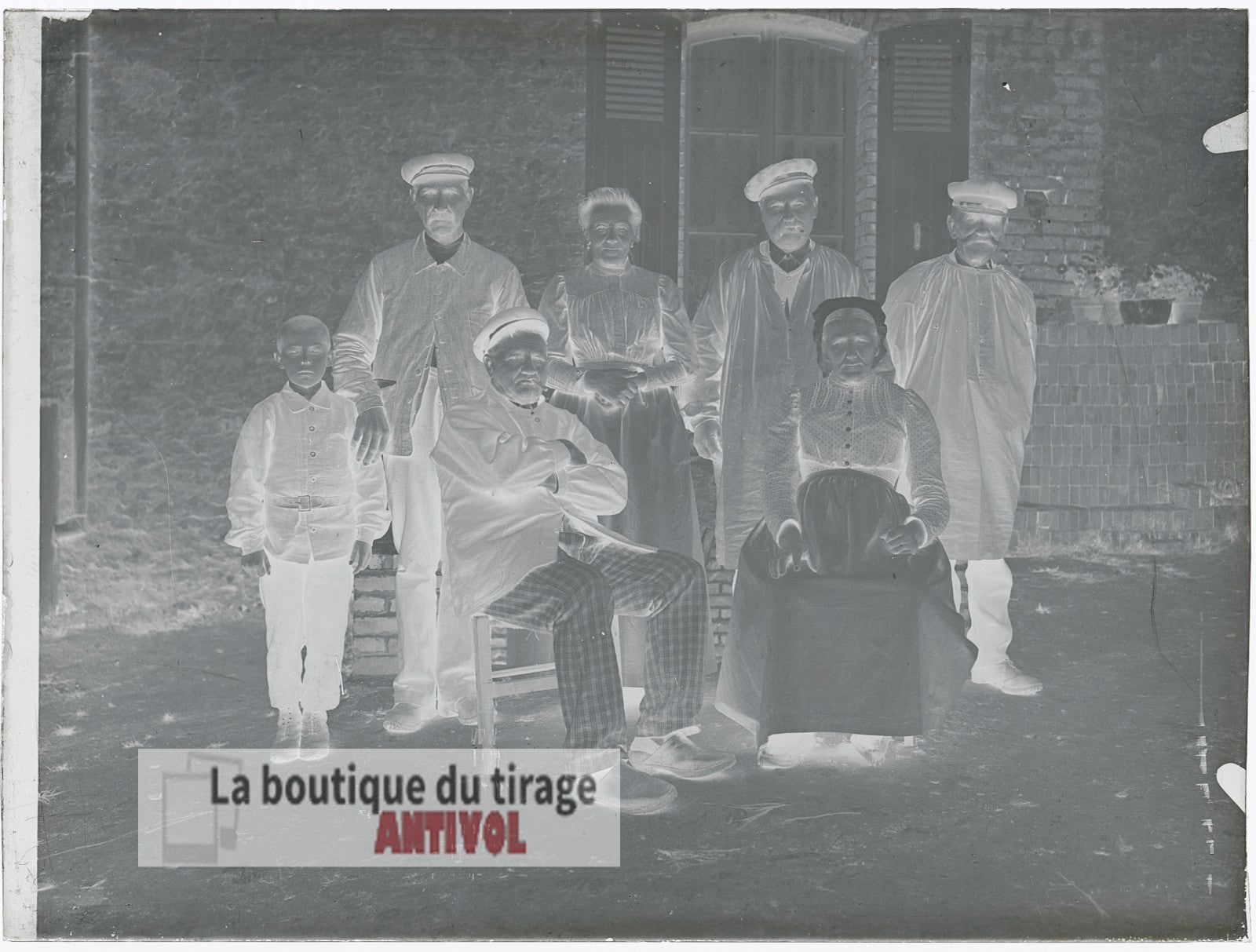 Famille, village France, campagne, plaque verre, photo ancienne, négatif 9x12 cm