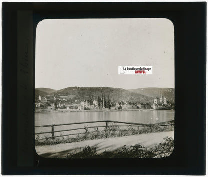Boppard et l'abbaye, photo plaque verre, noir & blanc, positif 8,5x10 cm