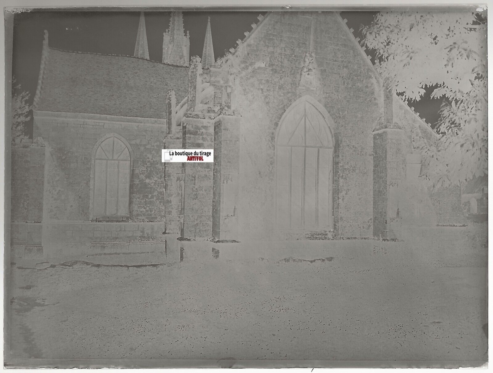 Chapelle Saint-Fiacre Faouët, Plaque verre photo, négatif noir & blanc 9x12 cm