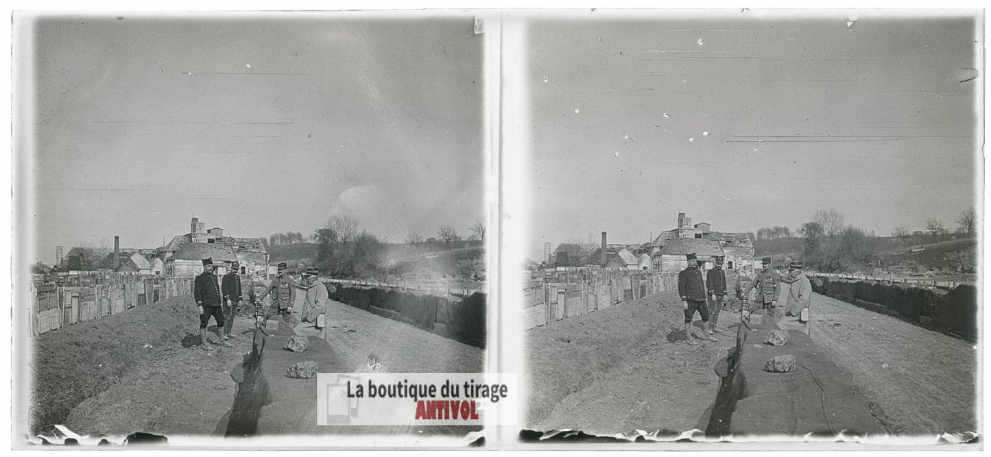 Stockage matériel munitions, WW1, plaque verre photo ancienne stéréo 6x13 cm