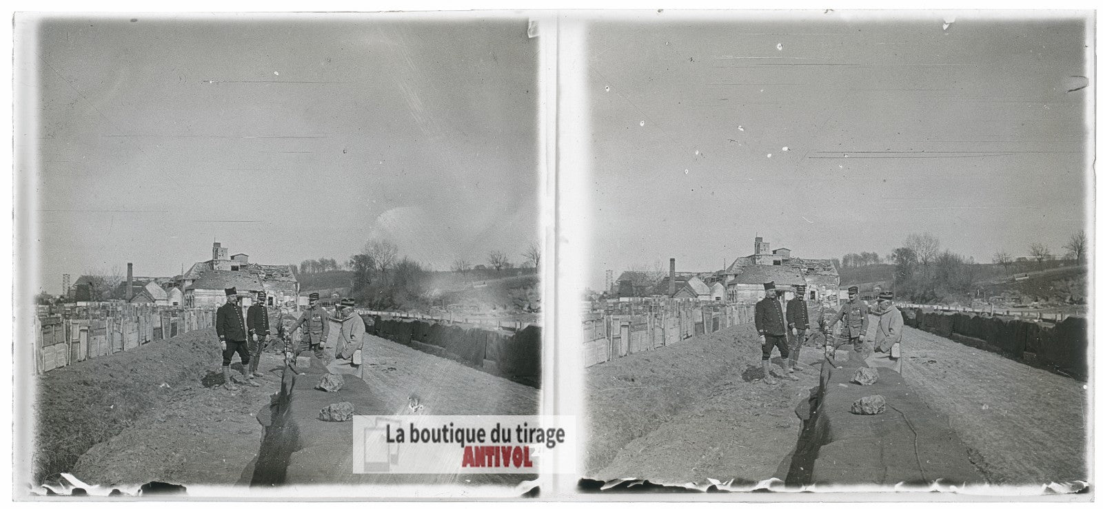 Stockage matériel munitions, WW1, plaque verre photo ancienne stéréo 6x13 cm