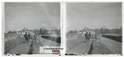 Stockage matériel munitions, WW1, plaque verre photo ancienne stéréo 6x13 cm