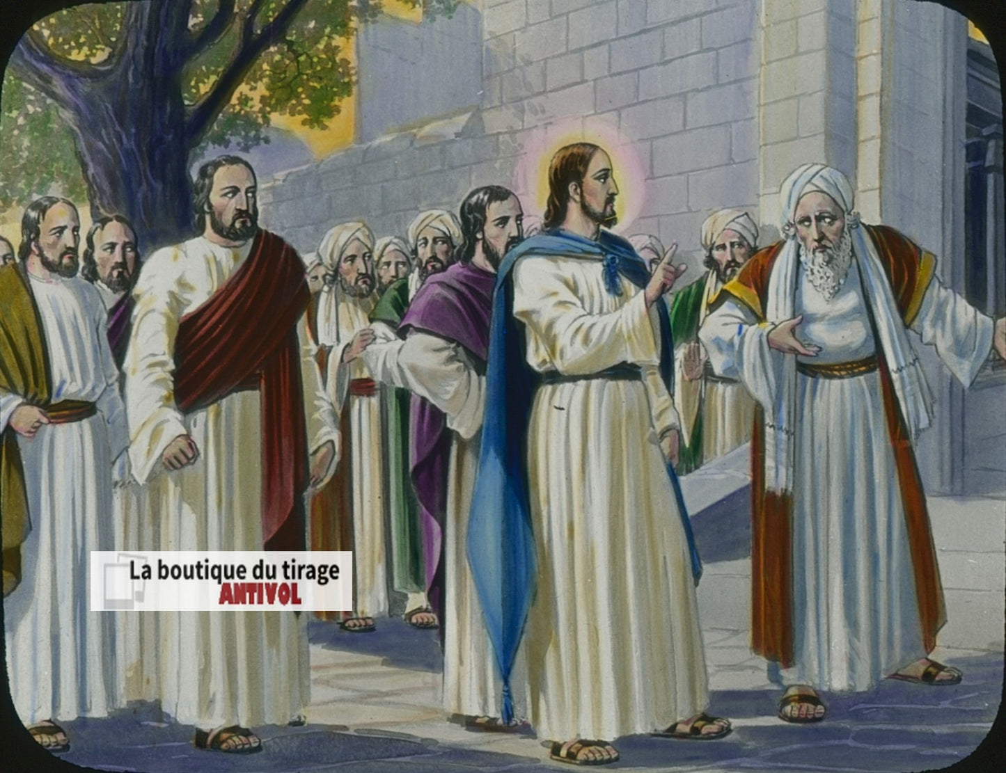 Zachée se hâta de descendre, dessin, plaque verre ancienne, couleur 8,5x10 cm