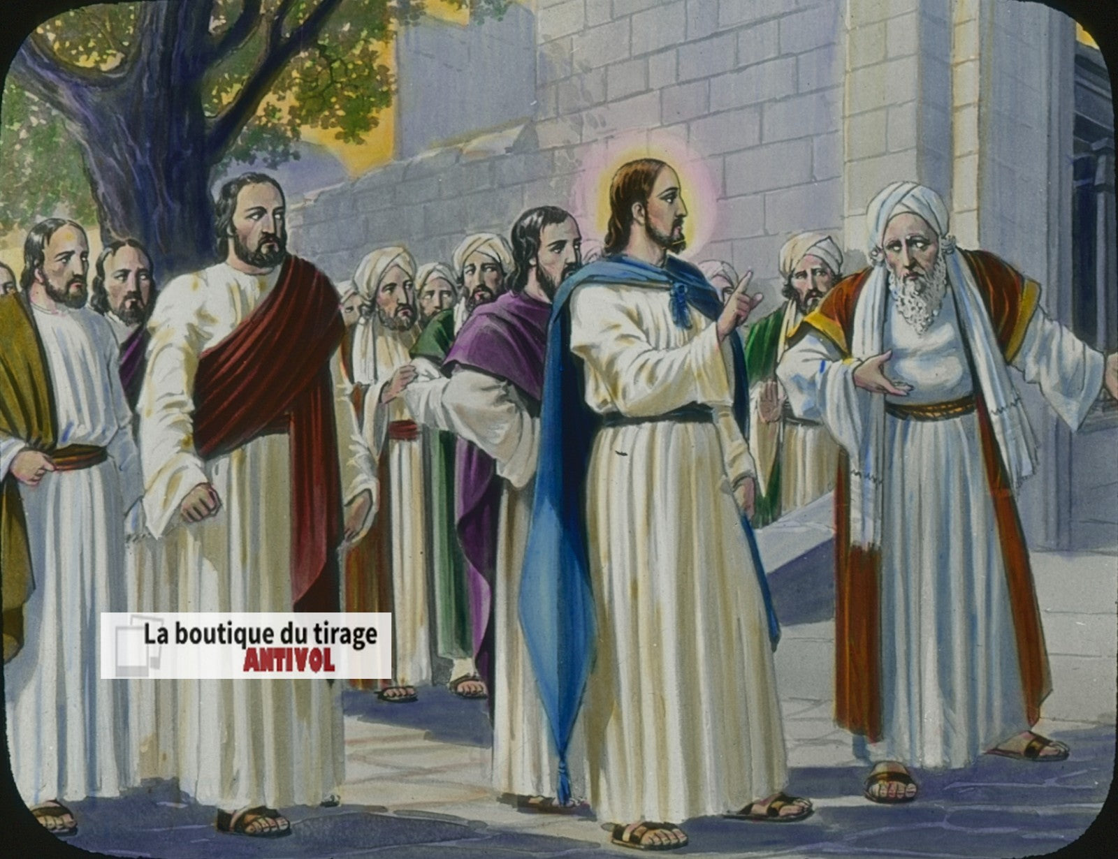 Zachée se hâta de descendre, dessin, plaque verre ancienne, couleur 8,5x10 cm