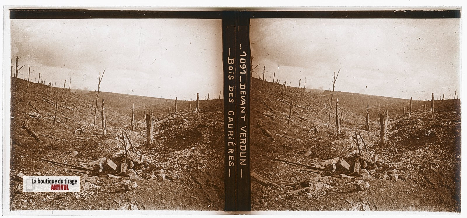 Bois des Caurières, Verdun, WW1, plaque verre, photo ancienne stéréo 6x13 cm