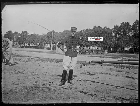 Soldat, canon, militaire, Plaque verre photo, négatif noir & blanc 9x12 cm