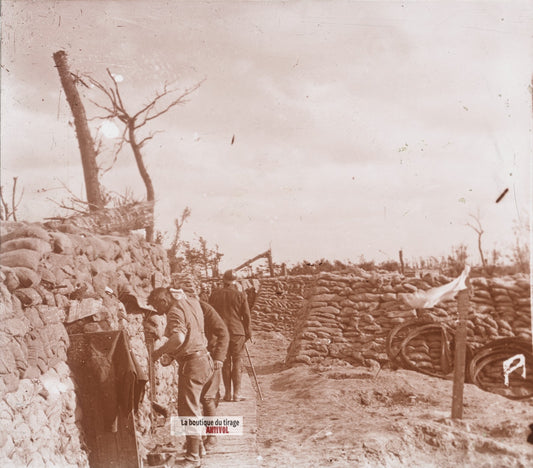 Dixmude Belgique, tranchée, guerre WW1, plaque verre stéréo, photo 4,5x10,7 cm