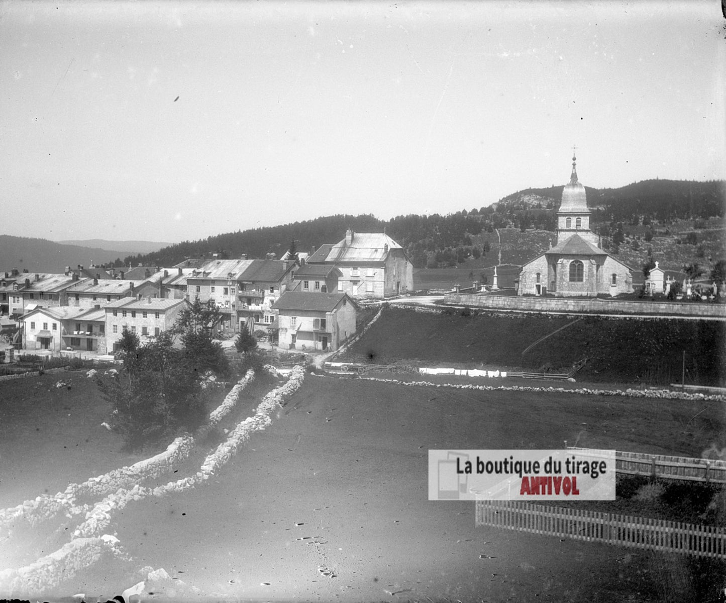 Village de montagne, paysage, plaque verre photo ancienne, négatif 9x12 cm
