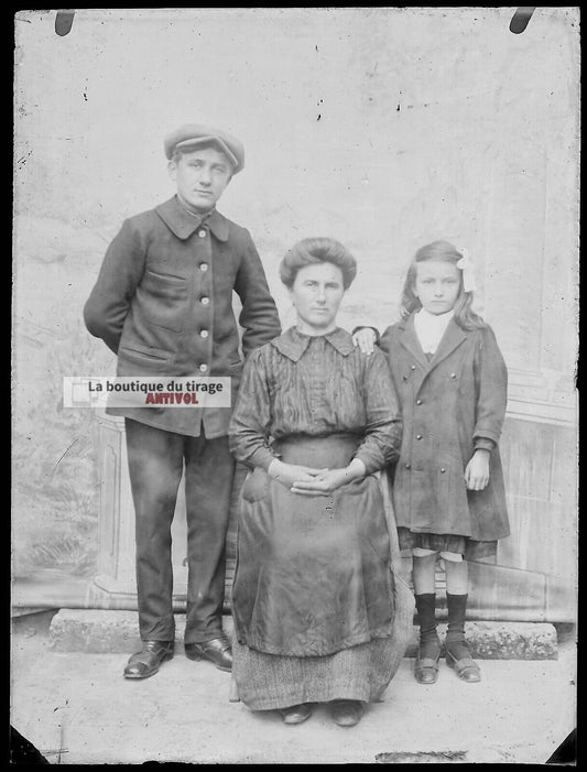 Plaque verre photo ancienne négatif noir et blanc 9x12 cm famille France