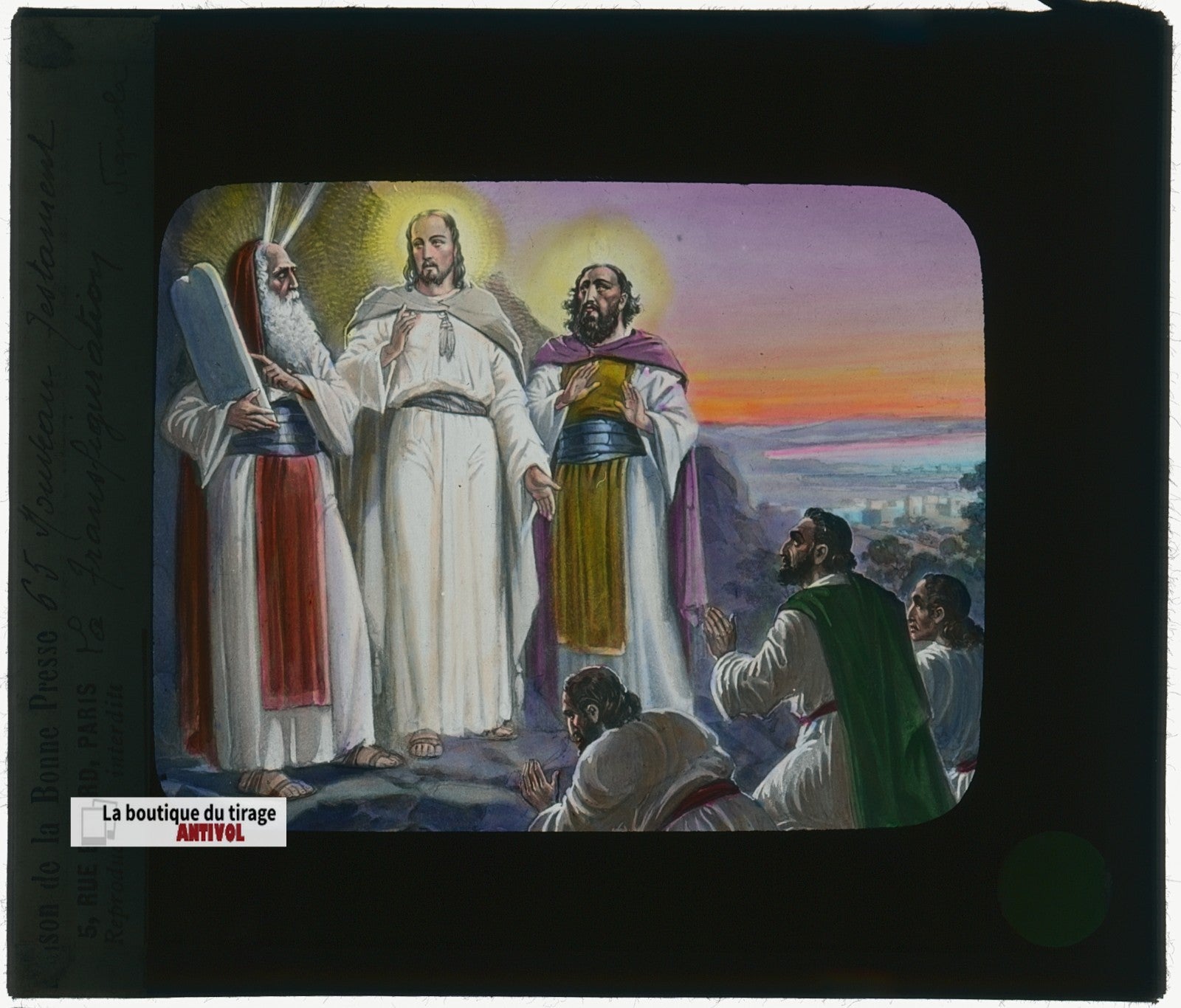 Transfiguration du Christ, dessin, plaque verre ancienne, couleur 8,5x10 cm