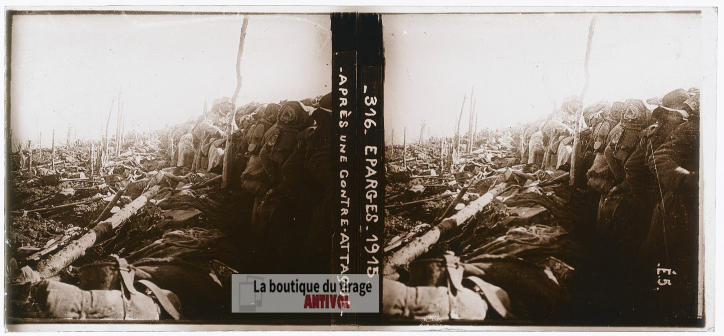 Éparges 1915, soldats, guerre WW1, plaque verre photo ancienne stéréo 6x13 cm