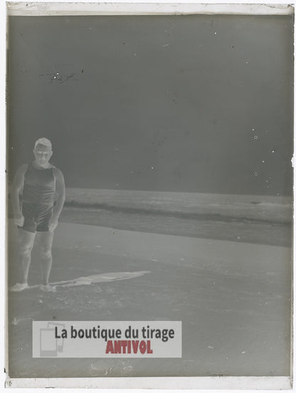 Homme, mer, Oran, Algérie, plaque verre, photo ancienne, négatif 9x12 cm