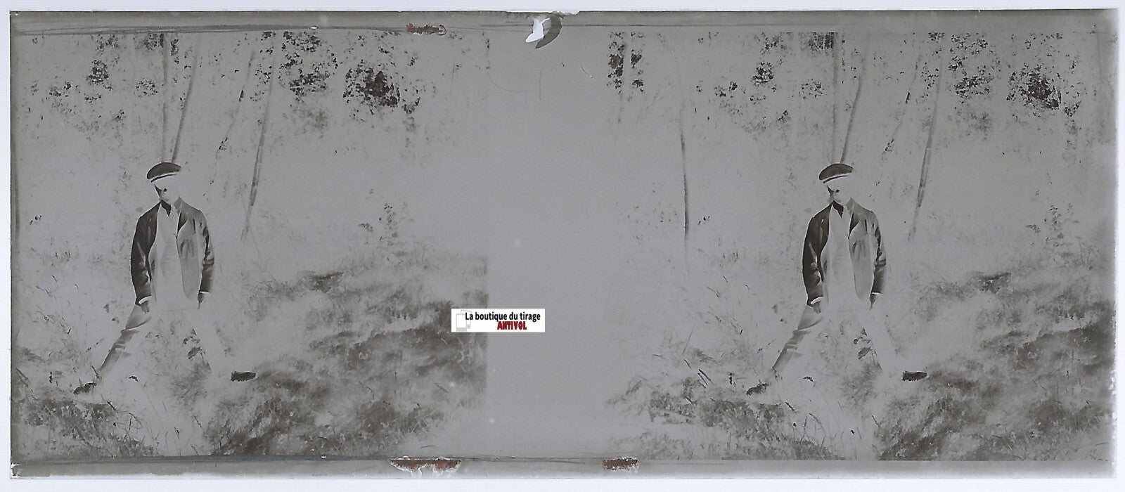 Homme, forêt, Plaque verre photo stéréo, négatif noir & blanc 4,5x10,7 cm