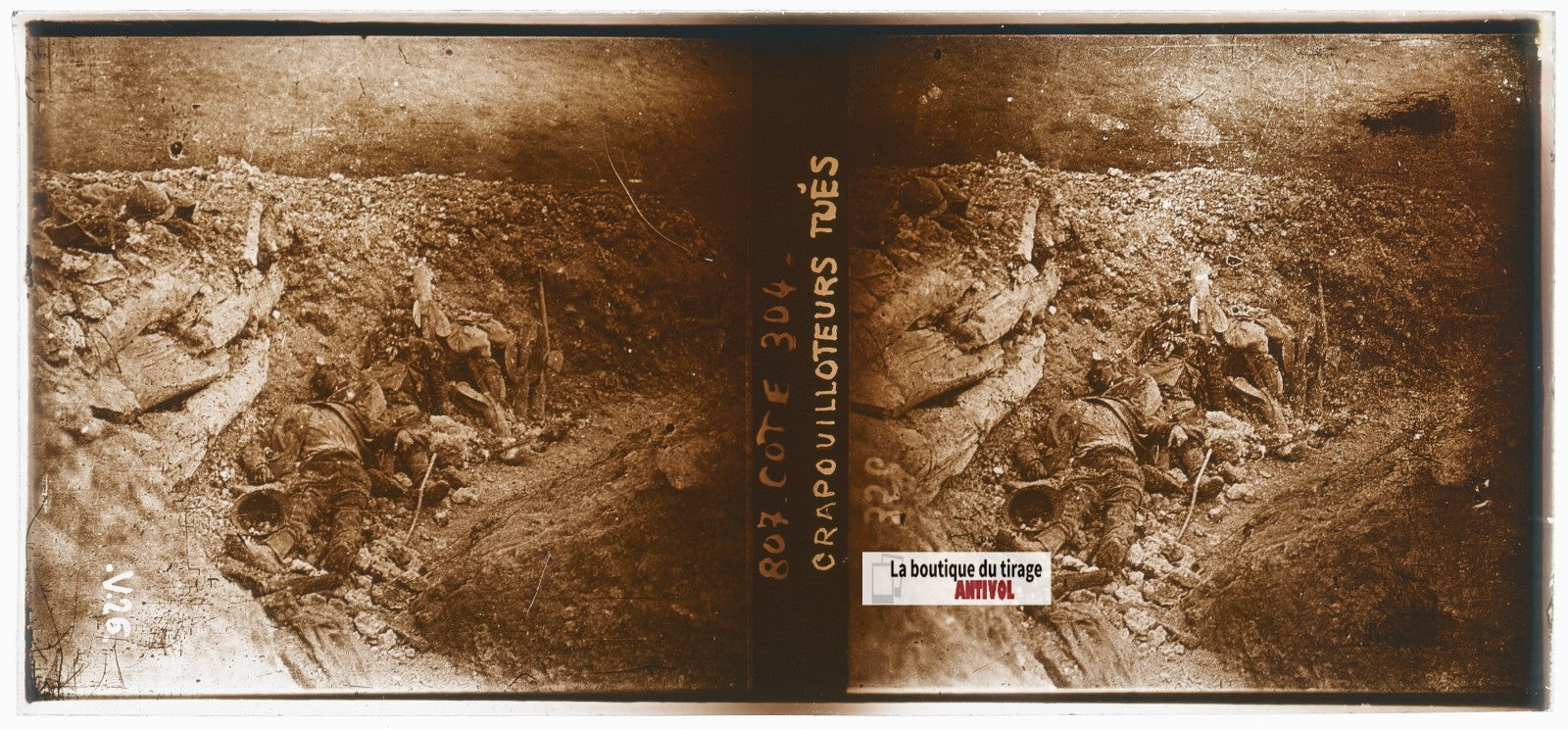 Côte 304, cadavres soldats, WW1, plaque verre, photo ancienne stéréo 6x13 cm
