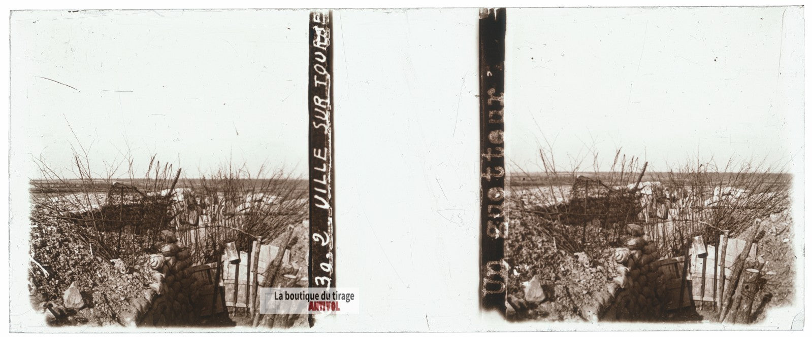 Ville-sur-Tourbe, tranchée guerre WW1, plaque verre stéréo, photo 4,5x10,7 cm