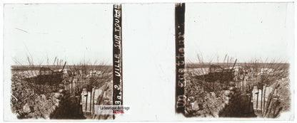 Ville-sur-Tourbe, tranchée guerre WW1, plaque verre stéréo, photo 4,5x10,7 cm