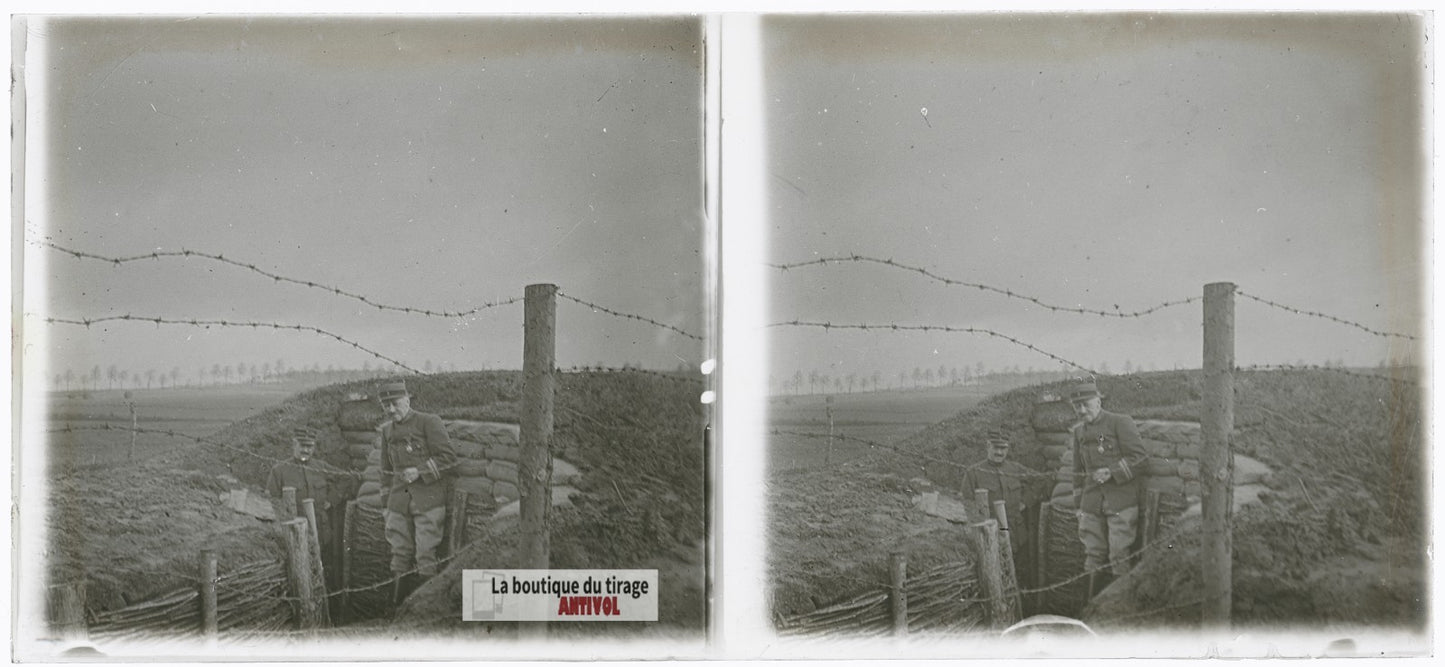 Tranchée fortifiée, guerre WW1, plaque verre photo ancienne stéréo 6x13 cm