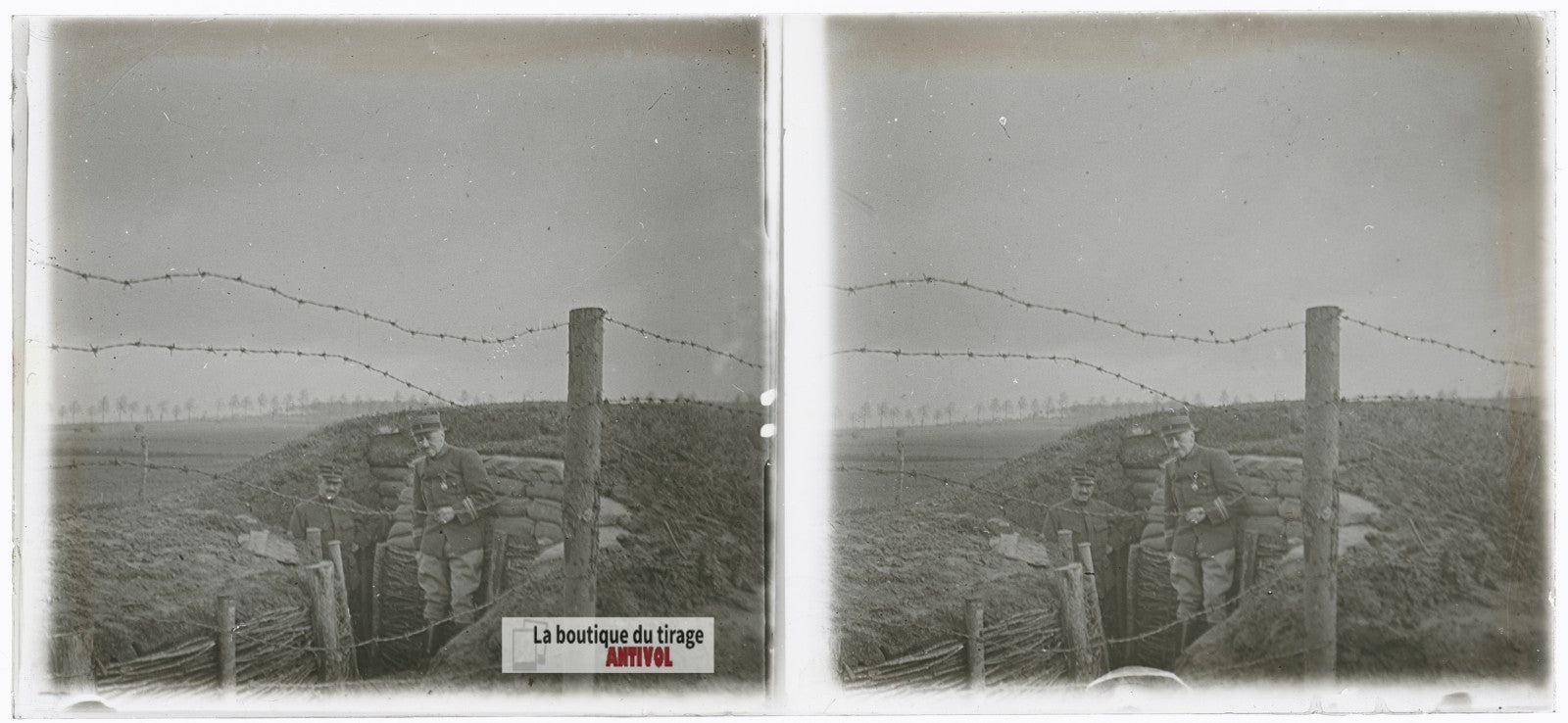 Tranchée fortifiée, guerre WW1, plaque verre photo ancienne stéréo 6x13 cm