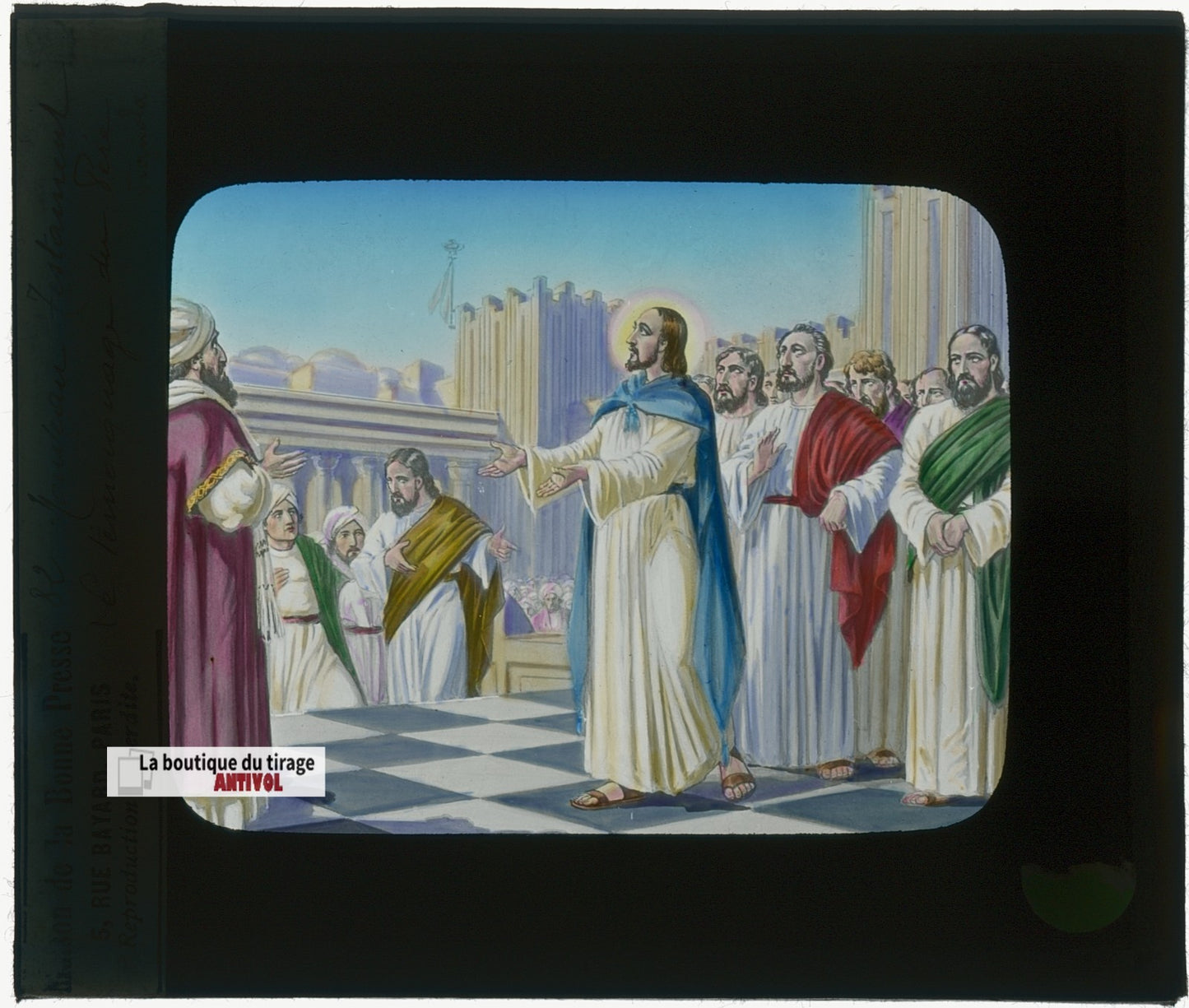 Le témoignage du Père, Jésus, dessin, plaque verre ancienne, couleur 8,5x10 cm