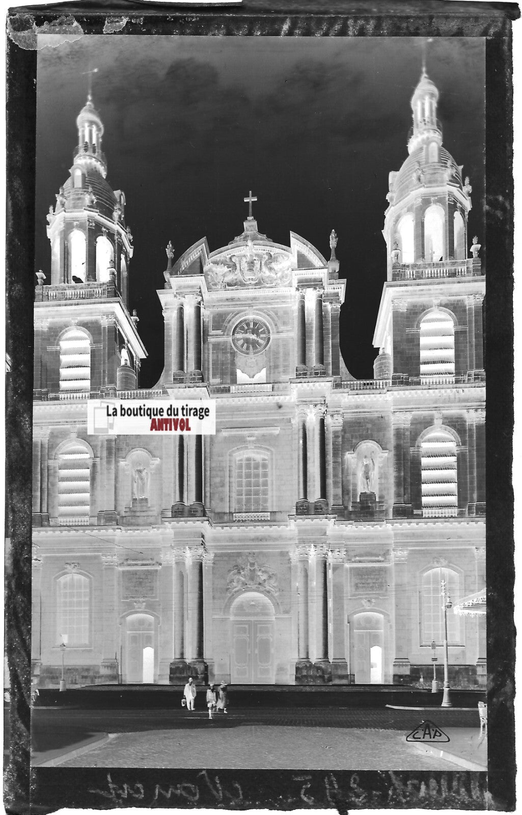 Plaque verre photo vintage, négatif noir & blanc 9x14 cm, Nancy, la cathédrale