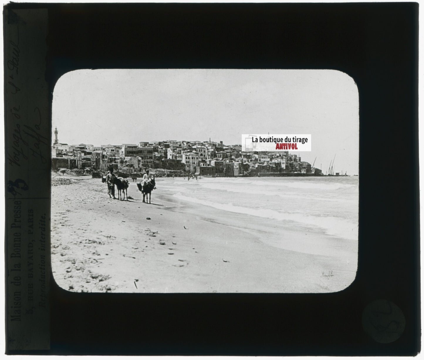 Plage de Jaffa, Israël, photo plaque verre, noir & blanc, positif 8,5x10 cm